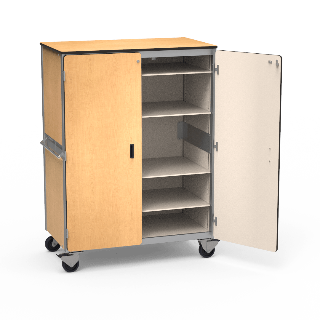 Mobile Storage Cabinet with Eight Adjustable Shelves Fusion Maple Char Black Silver Mist