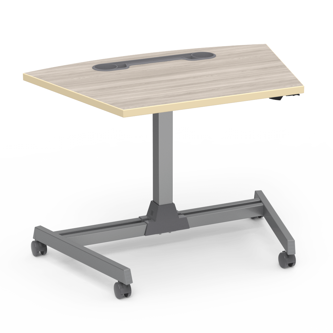 Topaz Series Sit-to-Stand Workstation Wedge Top with Accessory Tray Grey Elm Blond Tuscani Silver Mist
