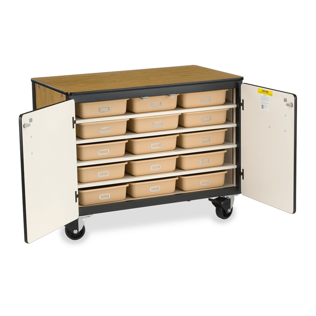 Mobile Storage Cabinet With One Fixed/Four Adjustable Shelves And 15 Tote Trays