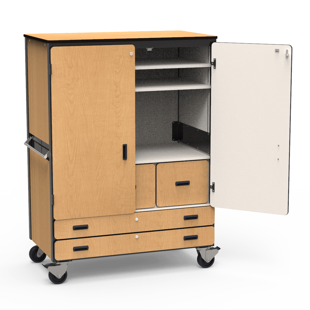 Mobile Storage Cabinet With Two Shelves, Two File Drawers, Two Paper Drawers, And One Coat Rod