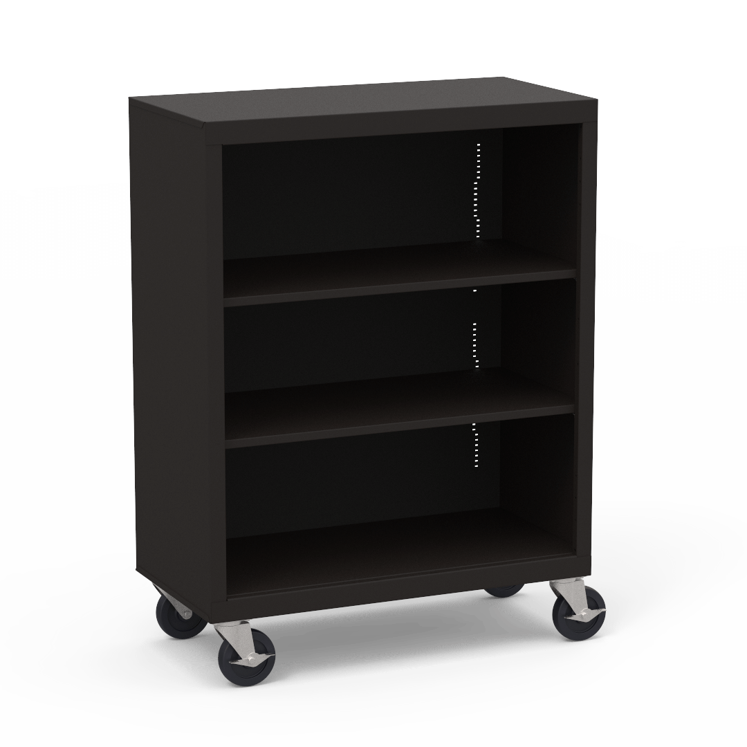 Mobile Metal Bookcase 36in x 18in x 48in Three Shelves Char Black