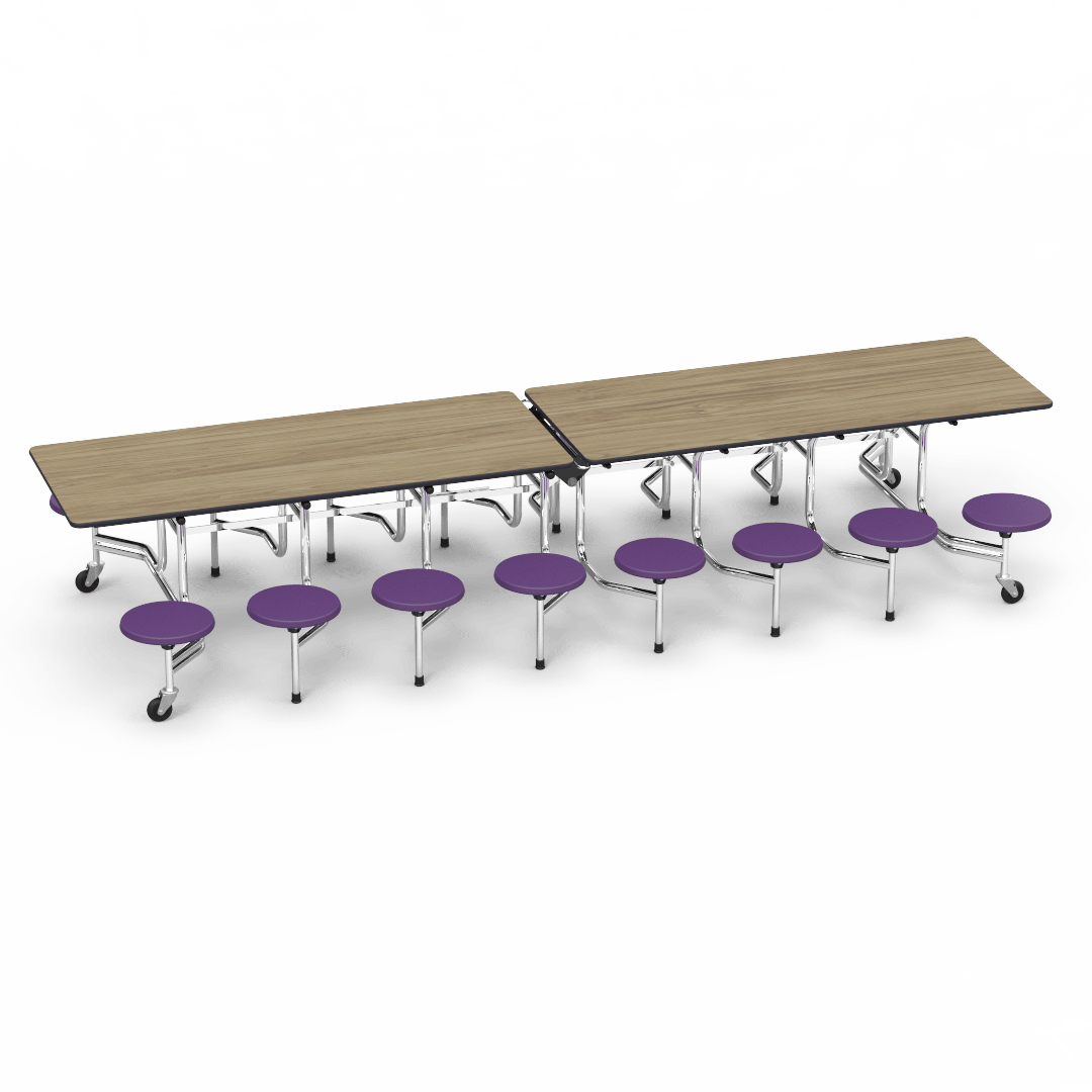 MTS Series Mobile Stool Table 144in x 30in Top 16 Stools 27in Purple Iris Dry Creek Plum Char Black Chrome